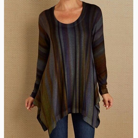 Soft Surroundings Esha Stripe Tunic Top Women Medium Petite Black Brown Blue - Picture 1 of 5